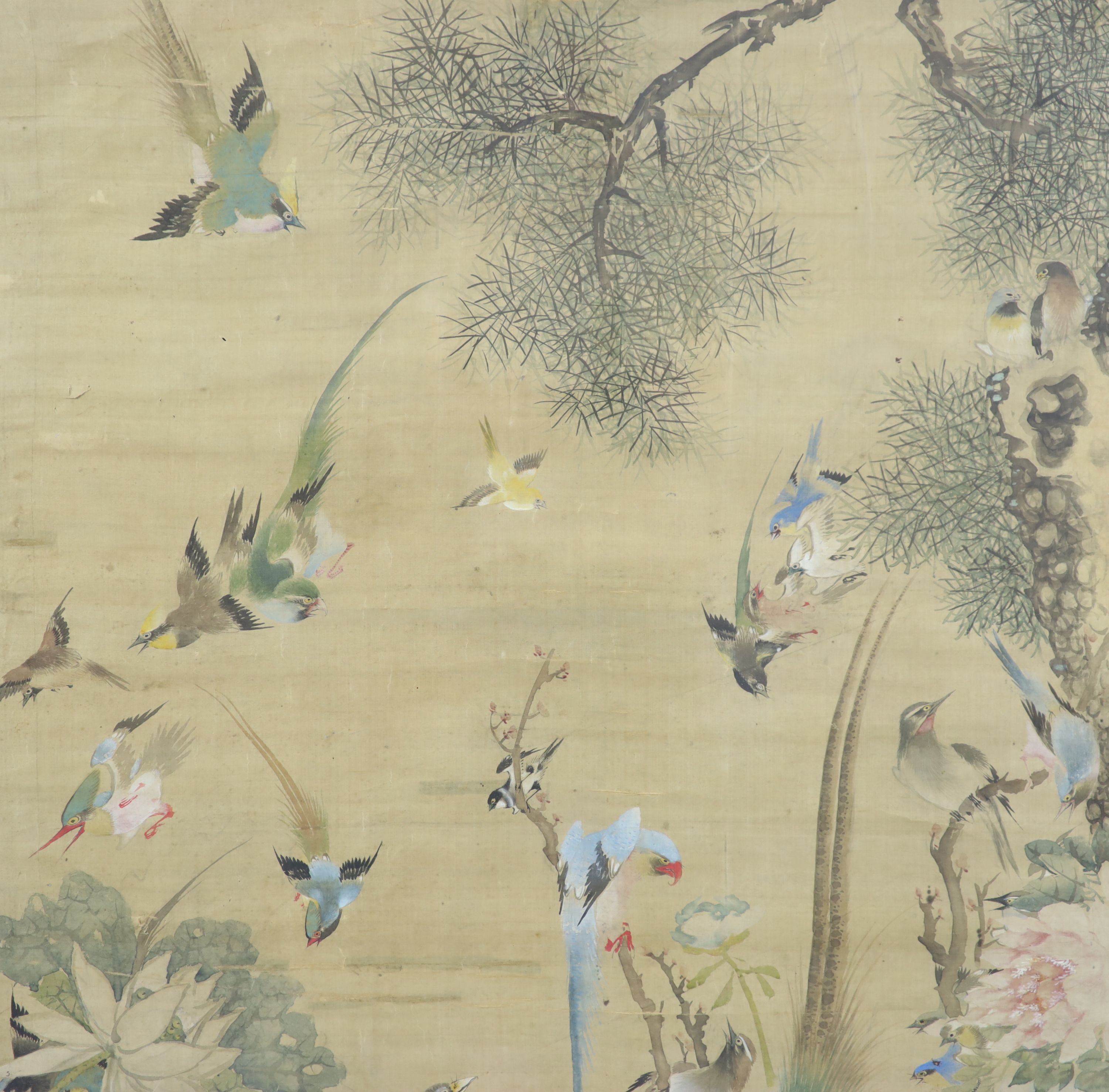 A large Chinese painting on silk of ‘The Hundred Birds’, late Qing dynasty, 161.5 cm x 91 cm including brocade border